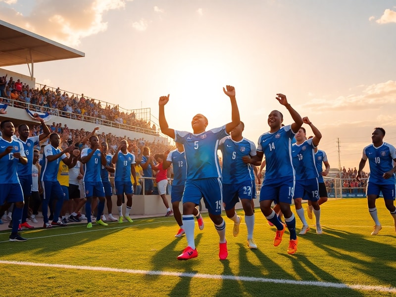 A vibrant image of Cabo Verde’s national football team celebrating on the pitch in Qatar, with fans in the stands wearing blu