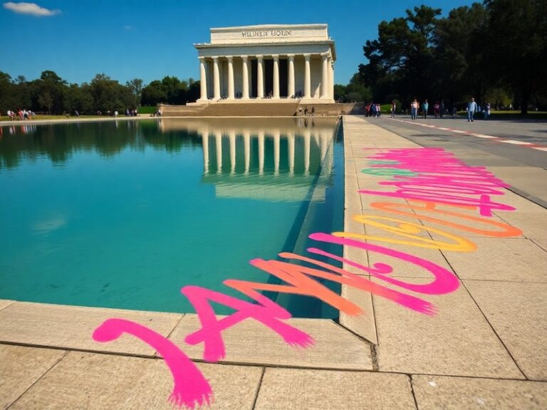 A daytime photograph of the National Mall’s reflecting pool with visible vandalism, including spray-painted graffiti on the m