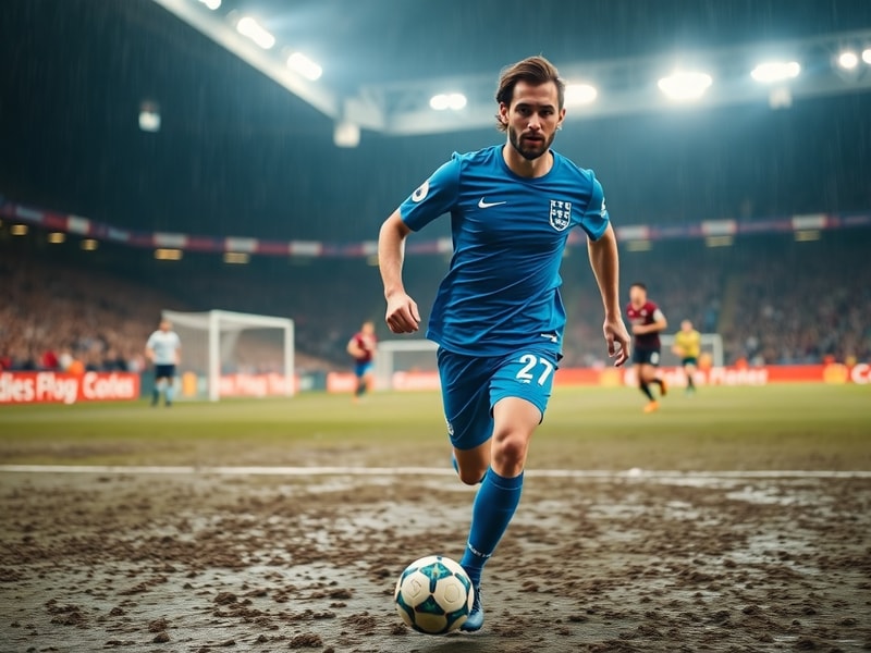 Marc Cucurella in action at Stamford Bridge, wearing Chelsea’s home kit, dribbling forward with focused intensity, surrounded