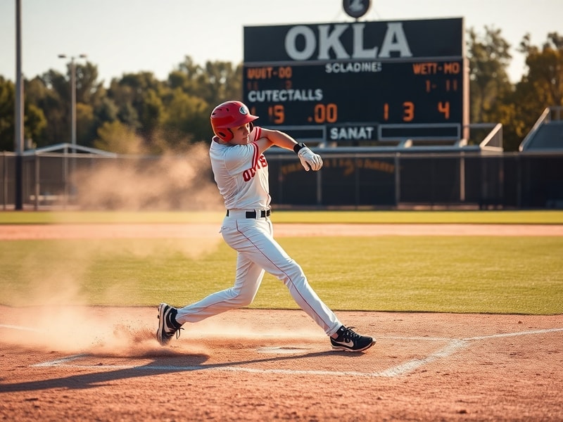 A vibrant baseball field at dusk in Oklahoma, with players on the field, a packed grandstand, and a vintage scoreboard in the