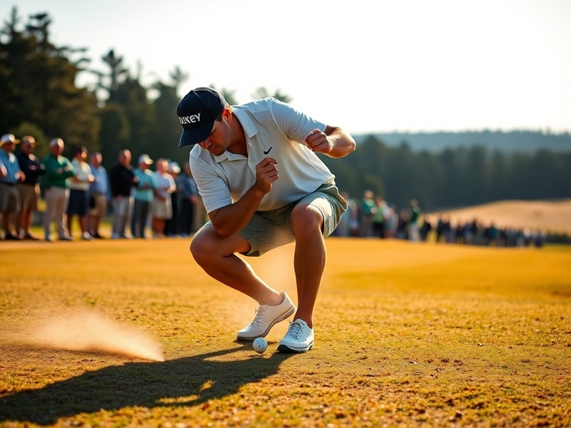 Sam Burns mid-swing on a sunlit golf course, wearing a white cap and navy shirt, with a focused expression. The background sh