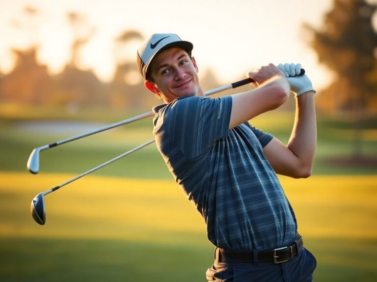 Joaquin Niemann mid-swing on a sunlit fairway, wearing a white cap and Nike apparel, with a focused expression and the blurre