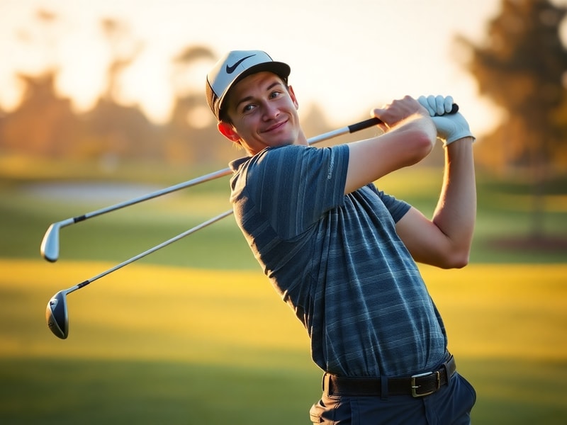 Joaquin Niemann mid-swing on a sunlit fairway, wearing a white cap and Nike apparel, with a focused expression and the blurre