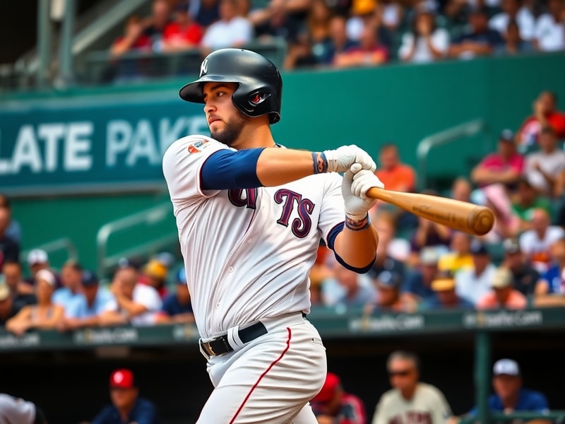 Rowdy Tellez in a Toronto Blue Jays uniform mid-swing during a game, with the Rogers Centre stadium blurred in the background