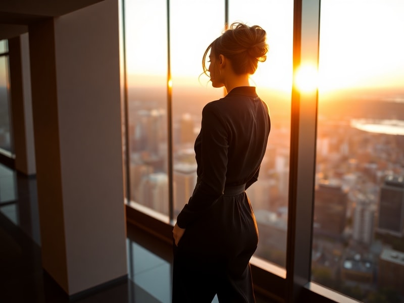 A professional portrait of Lauren Sánchez Bezos in a modern, well-lit setting, wearing a structured blazer, with a helicopter