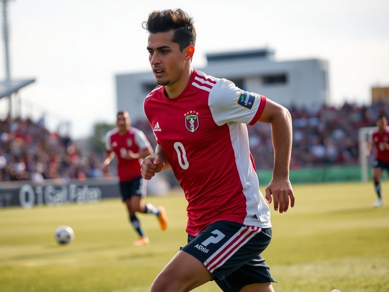 A dynamic action shot of Maxi Araújo in mid-dribble during a match, wearing a red and black kit, with blurred stadium lights