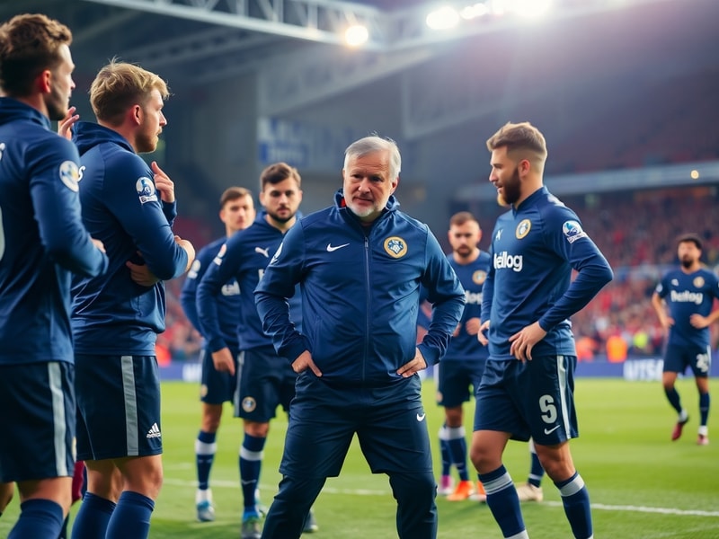 A dynamic action shot of Marcelo Bielsa in deep thought on the touchline, surrounded by players in a packed stadium, conveyin