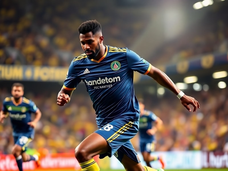A dynamic mid-career action shot of Ryan Mendes in full Kerala Blasters FC kit, dribbling past a defender in a packed Kochi s