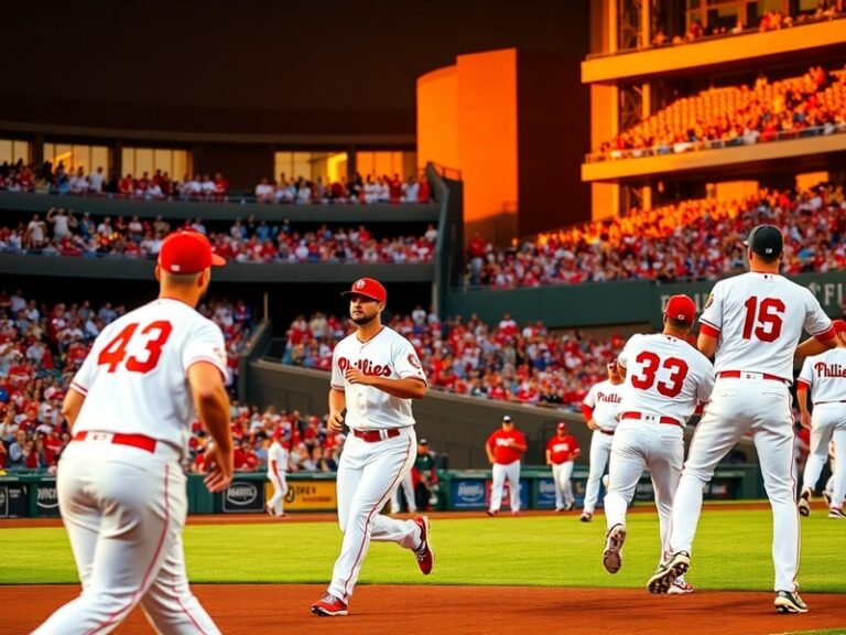A panoramic view of Citizens Bank Park during a night game, with the Phillies lineup on the field and the scoreboard displayi