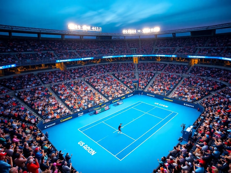 A futuristic scene at the US Open 2027 featuring a packed Arthur Ashe Stadium with holographic player stats floating above th