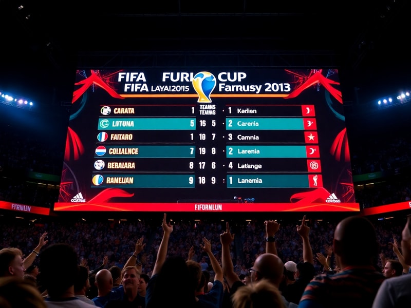 A dynamic World Cup stadium scene at night, with scoreboards displaying standings for multiple teams. The atmosphere is elect