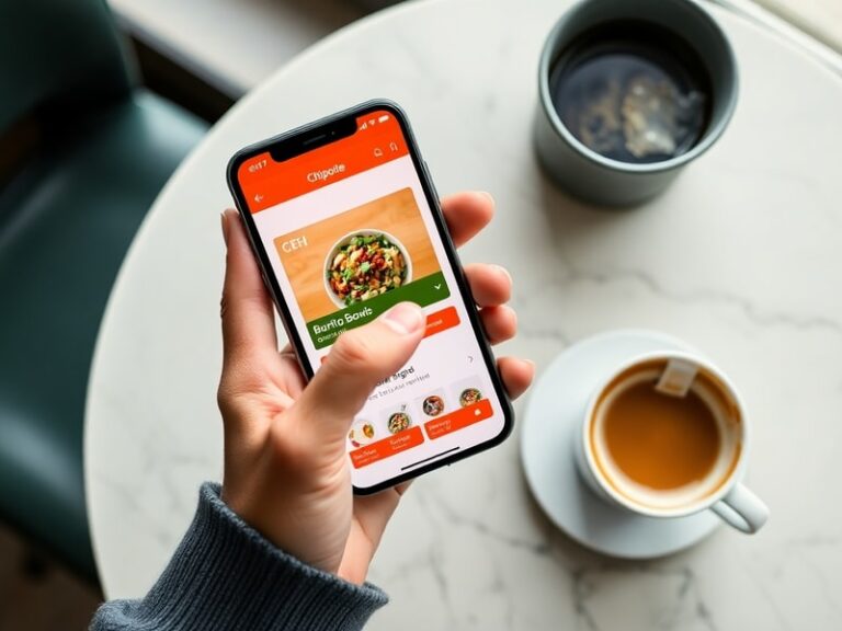 A smartphone displaying the Chipotle app interface with a burrito bowl in the background, set in a modern fast-casual restaur