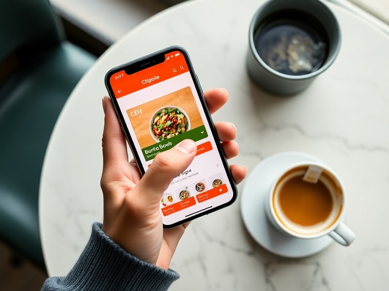 A smartphone displaying the Chipotle app interface with a burrito bowl in the background, set in a modern fast-casual restaur