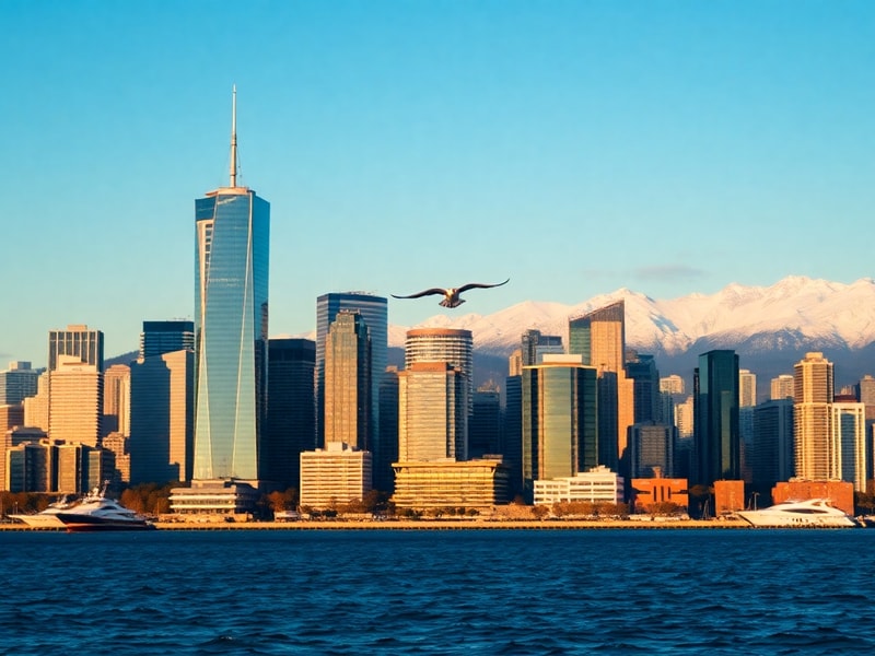 A vibrant cityscape of Vancouver with the North Shore Mountains in the background, featuring Stanley Park in the foreground a