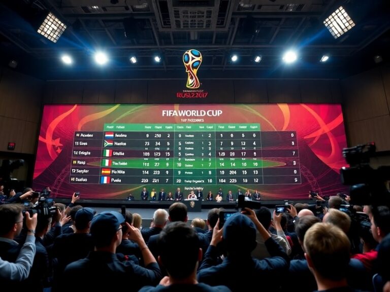 A vibrant stadium filled with fans from diverse backgrounds, displaying a digital scoreboard showing World Cup standings. The