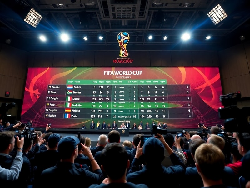 A vibrant stadium filled with fans from diverse backgrounds, displaying a digital scoreboard showing World Cup standings. The
