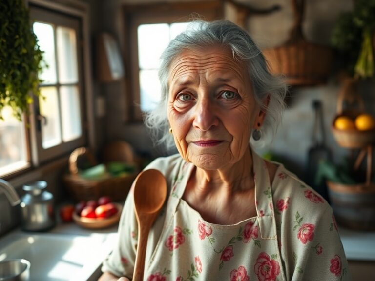 A warm, softly lit scene of an elderly Portuguese woman speaking to a young person, with a vintage radio and old family photo