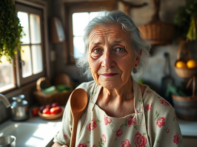 A warm, softly lit scene of an elderly Portuguese woman speaking to a young person, with a vintage radio and old family photo