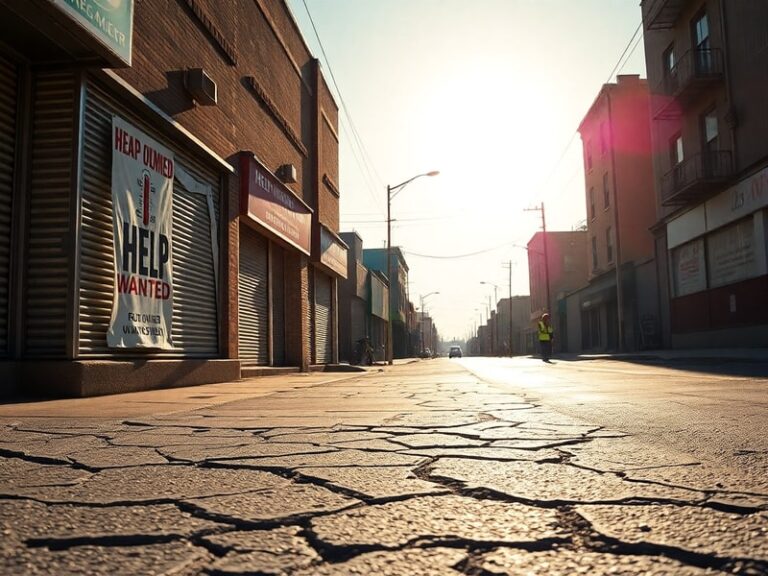 A split-image collage showing a cracked desert landscape on one side and a crowded cooling center in a modern city on the oth