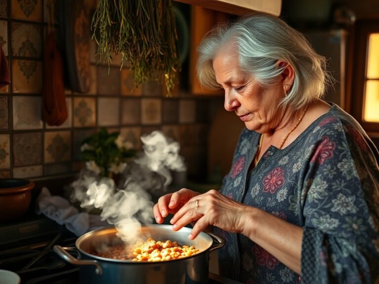 A warm kitchen scene in Lisbon’s Alfama district: an elderly woman in a floral apron stirring a pot of caldo verde, surrounde
