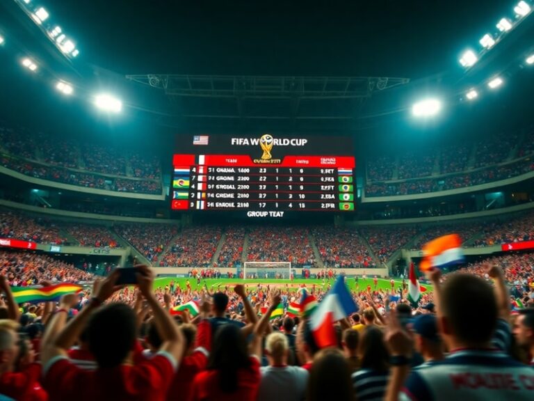 A vibrant stadium filled with cheering fans from diverse nations, displaying LED scoreboards with FIFA World Cup standings. T