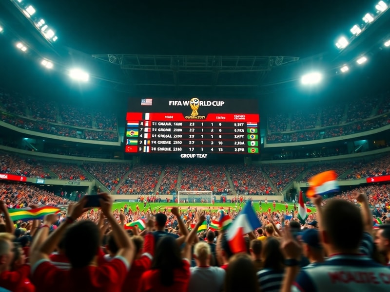 A vibrant stadium filled with cheering fans from diverse nations, displaying LED scoreboards with FIFA World Cup standings. T