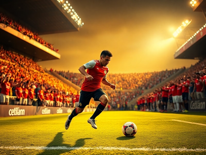 A dynamic action shot of Trezeguet in an Egypt national team jersey, dribbling past a defender in a packed stadium, with the