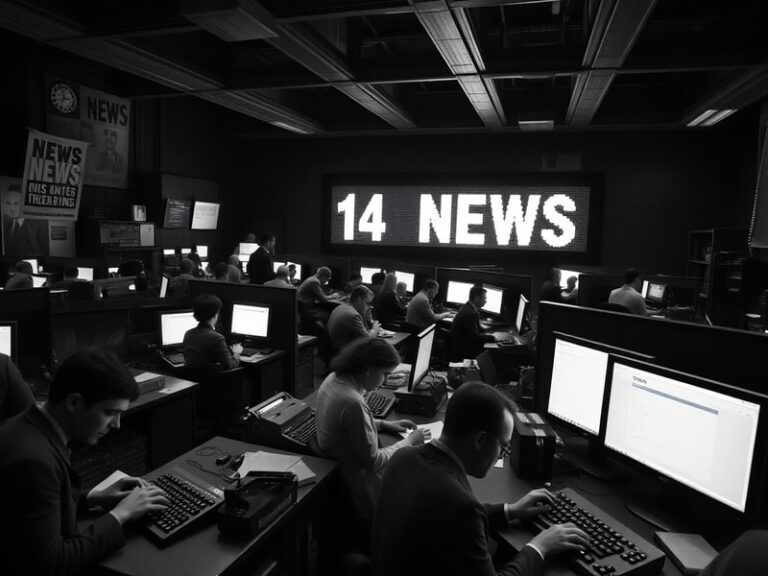 A modern laptop displaying the 14 news homepage, with a coffee cup and smartphone in the background, emphasizing a relaxed ye