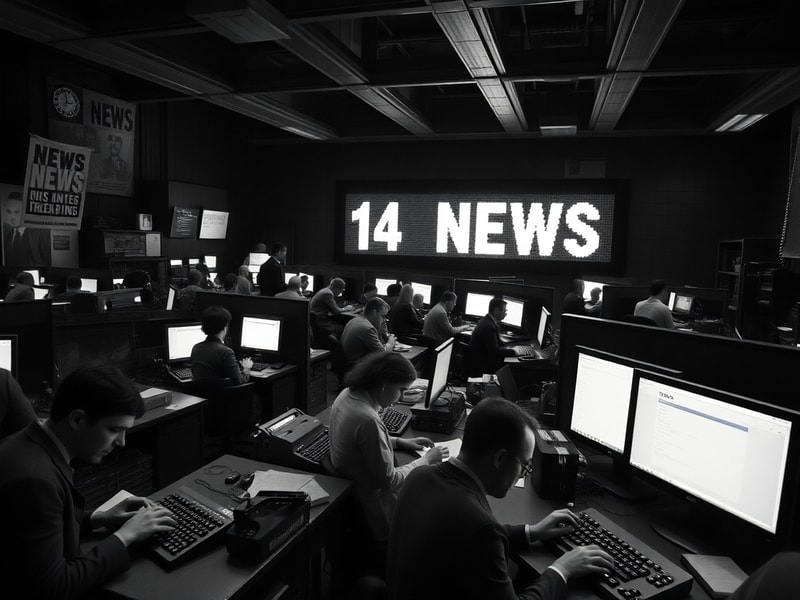 A modern laptop displaying the 14 news homepage, with a coffee cup and smartphone in the background, emphasizing a relaxed ye