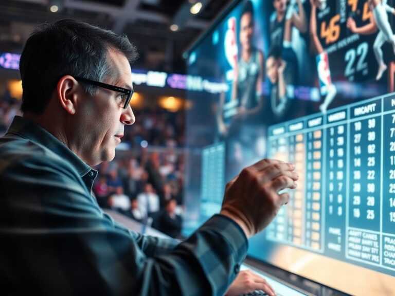 A split-screen image showing a basketball court with a spotlight on a player in a suit (representing a GM) and a young athlet