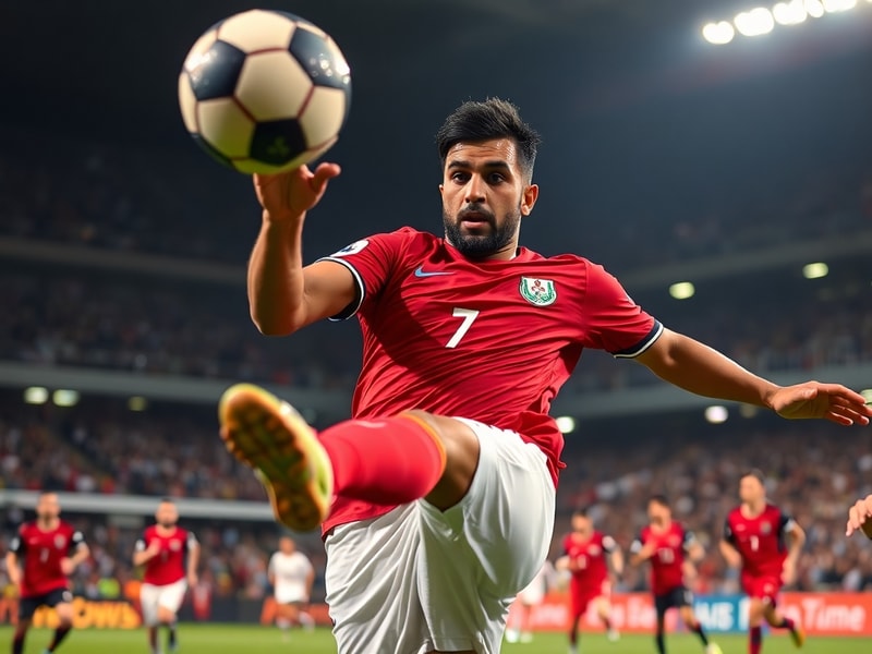 A dynamic action shot of Trézéguet in an Algerian national team jersey, dribbling past a defender with a stadium crowd blurre
