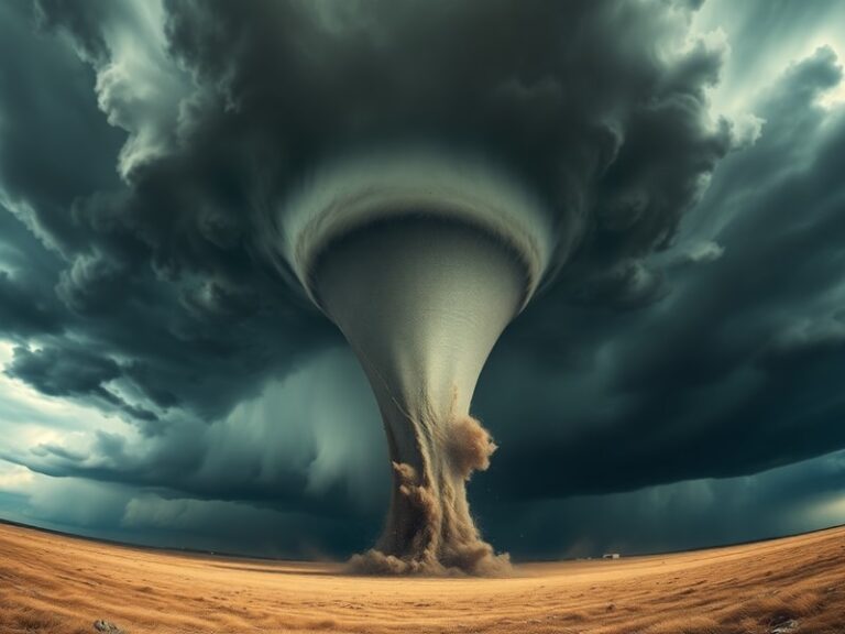 A dramatic daytime shot of a large, wedge-shaped tornado touching down in a rural landscape, with dark storm clouds swirling