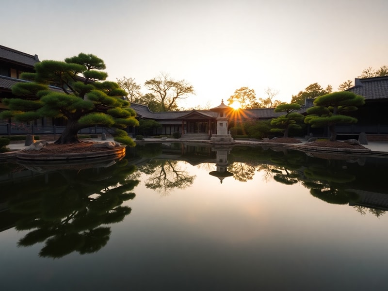 Aerial view of a grand reflecting pool at a monument during golden hour, showing perfect mirror reflections of surrounding ar