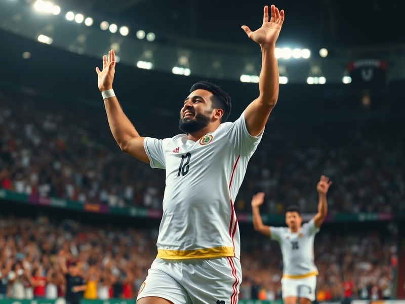 A dynamic action shot of Trézéguet in an Algeria jersey, mid-dribble in a packed stadium during AFCON 2024, with the Algerian