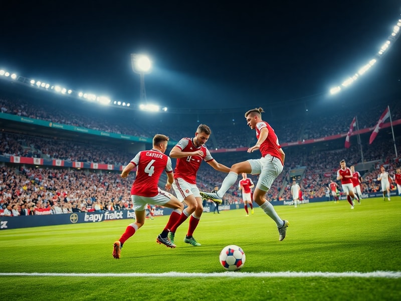 A vibrant stadium scene from Austria's 1954 World Cup campaign, featuring players in vintage kits celebrating a goal, with th