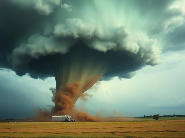 A dramatic scene of a large tornado touching down in a rural landscape, with dark storm clouds swirling overhead and debris f