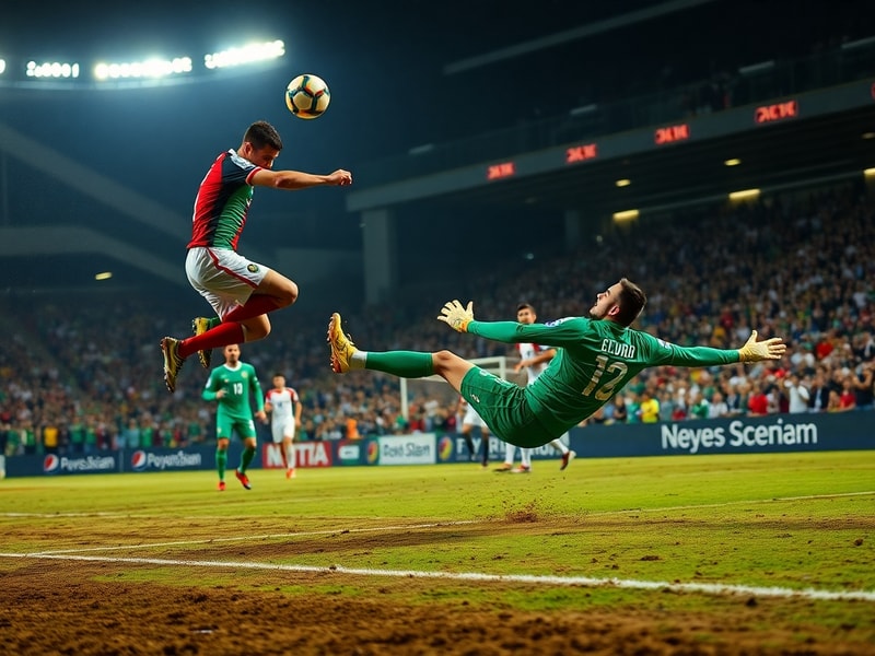 A vibrant stadium shot at dusk showing Jordan players celebrating a goal, with Algerian players in red reacting in the backgr