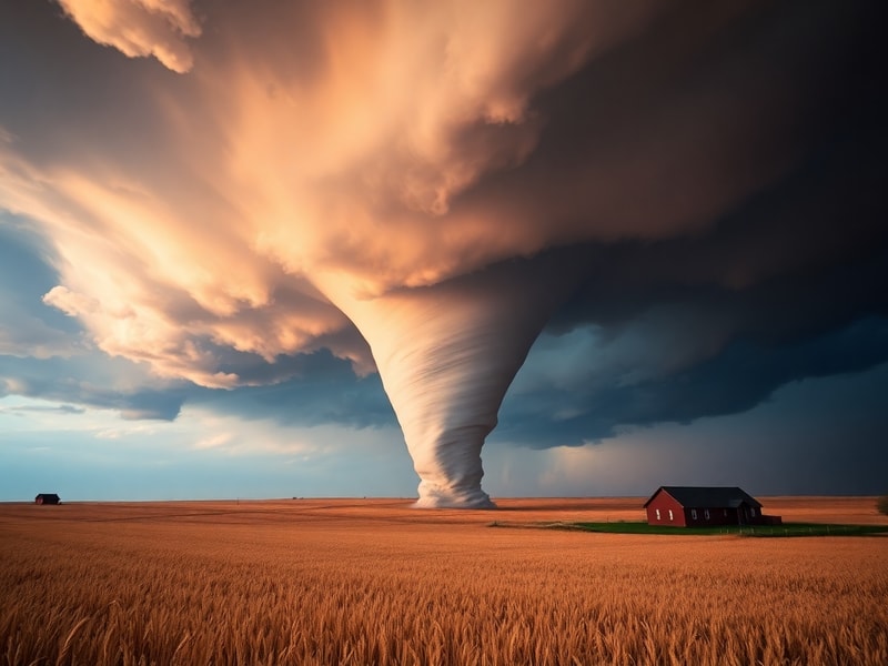 A dramatic scene showing a large, wedge-shaped tornado moving across an open rural landscape, with dark storm clouds swirling