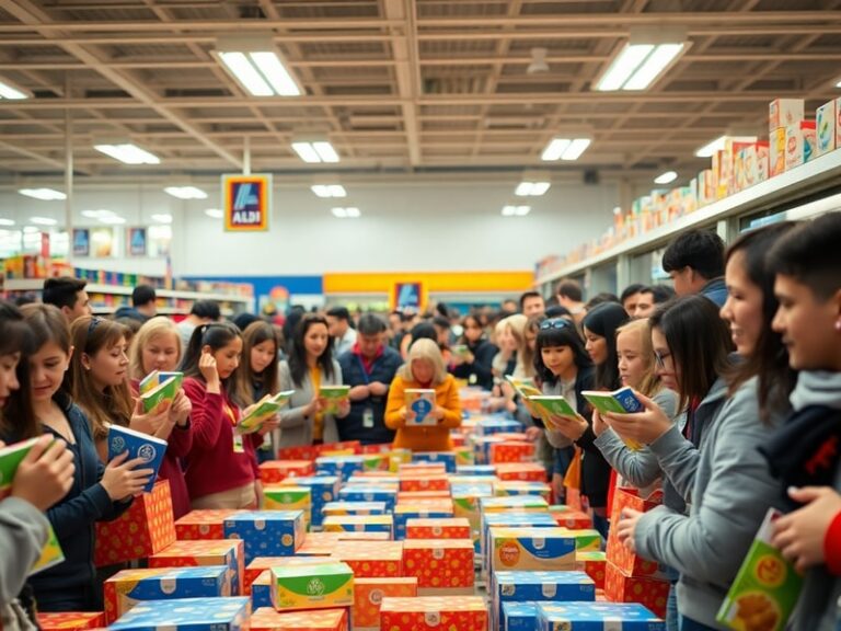 A brightly lit ALDI store aisle filled with blind box displays, featuring colorful packaging and shoppers of all ages browsin
