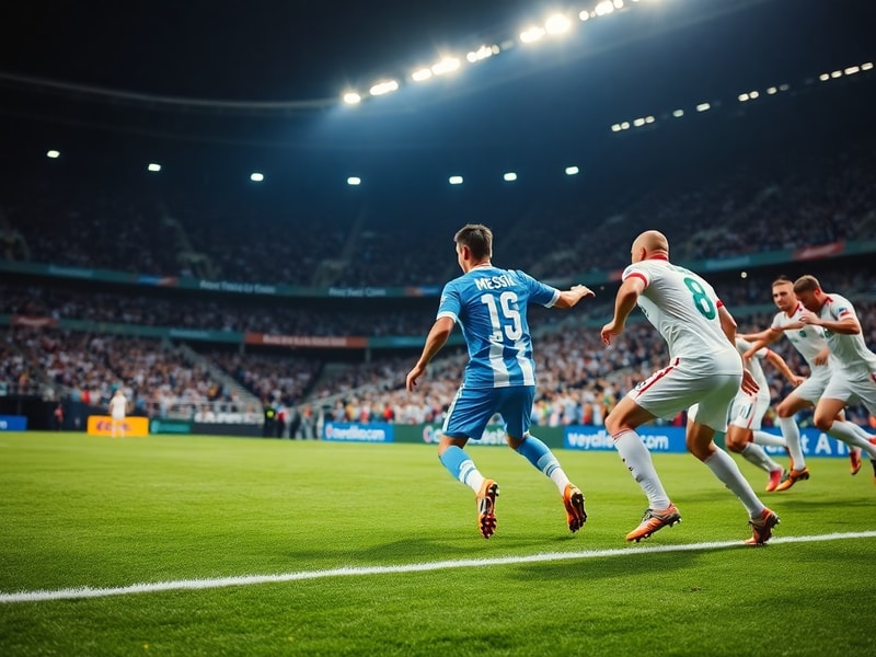 A vibrant stadium scene at dusk showing Argentina and Austria players in action, with Lionel Scaloni and Ralf Rangnick on the