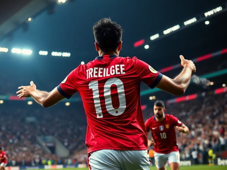 Mohamed Trézéguet in action for Al Ahly, wearing the iconic red kit, mid-strike on the ball with defenders closing in, under