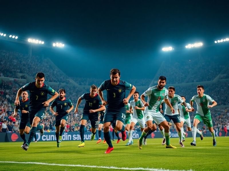 A tense moment during a Jordan vs Algeria match at a packed stadium, with Algerian players celebrating a goal while Jordanian
