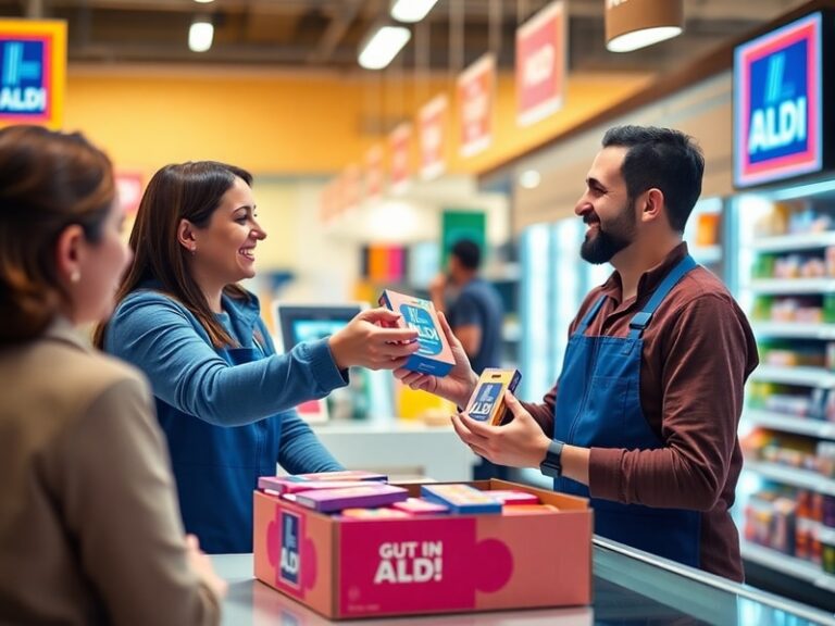 A colorful display of Aldi’s blind box giveaway items spread out on a wooden table, with shoppers eagerly unboxing them in th