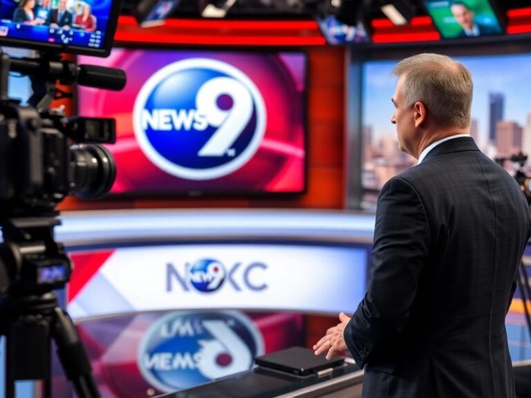 A bustling newsroom at News 9 OKC with journalists working at desks, large screens displaying breaking news, and a warm Oklah