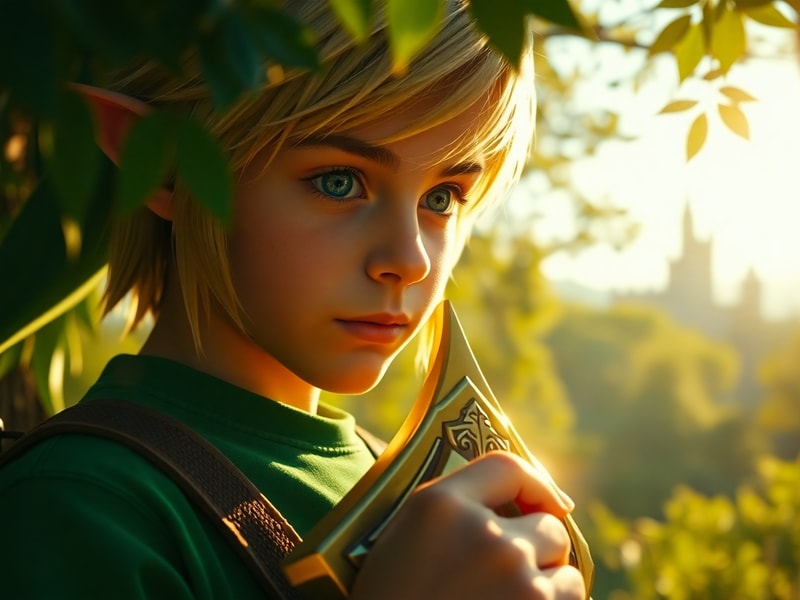 A cinematic shot of Link standing in Hyrule Field during the Zelda Ocarina of Time Remake, with the sunset casting golden lig