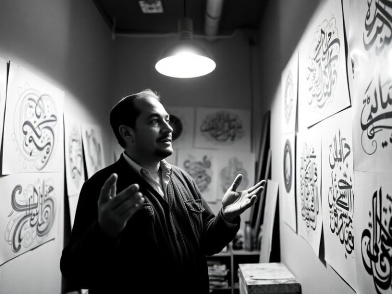 A vibrant studio shot of Hossam Abdelmaguid mid-painting, surrounded by large abstract canvases with fragmented Arabic callig