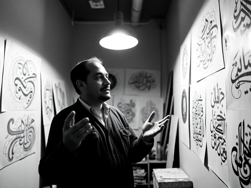 A vibrant studio shot of Hossam Abdelmaguid mid-painting, surrounded by large abstract canvases with fragmented Arabic callig