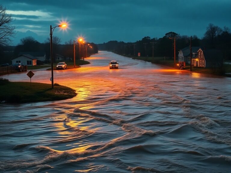 Aerial view of a flooded suburban neighborhood during a flood watch, with emergency vehicles navigating water-covered streets