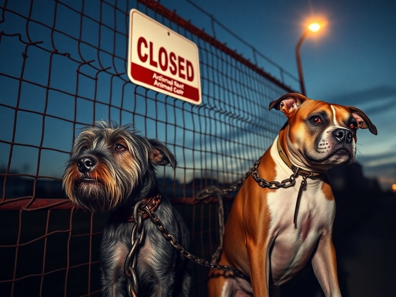 A melancholic scene at a shelter: two dogs or cats sitting close together outside a cage, with blurred faces to emphasize ano