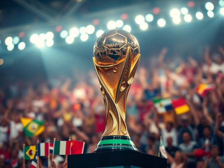 A soccer stadium filled with fans waving flags from different nations, with a large digital scoreboard displaying the FIFA ra